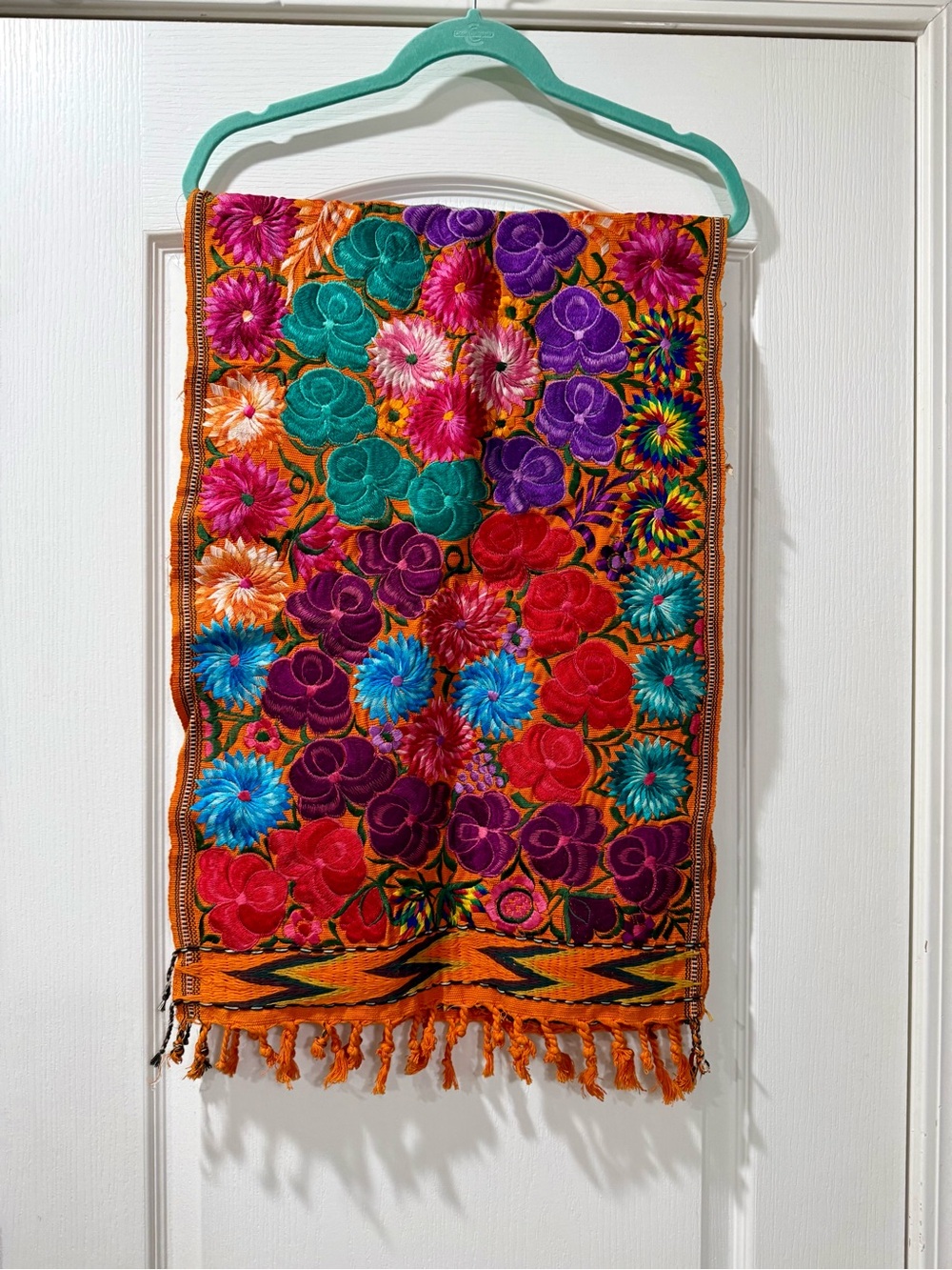 Vibrant Hand-Embroidered Floral Runner - Bright Orange Background